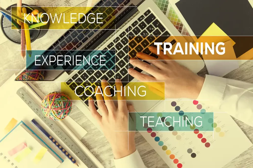 Knowledge, Training, Experience, Coaching, Teaching text over person typing on laptop